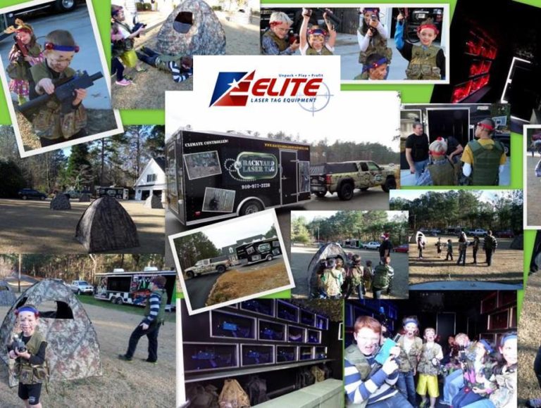 Collage of laser tag photos by Elite Laser Tag equipment
